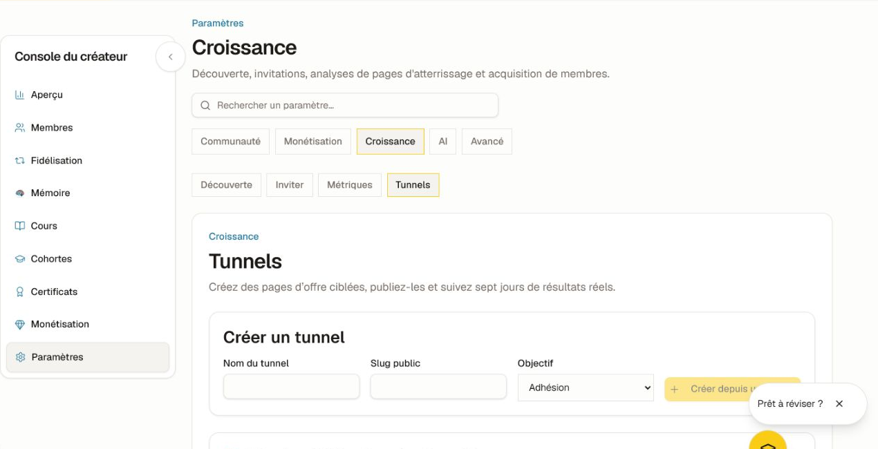 Crée un brouillon et révise son offre, son accès et son attribution avant de publier. L'espace de travail des entonnoirs avec le formulaire de modèle manuel, le sélecteur d'objectif, la file de révision et la zone de résultats sur sept jours.