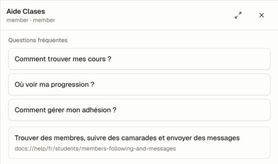 Vérifie le panneau d’aide avec le rôle et la locale de la personne qui l’utilisera réellement. Le panneau d’aide intégré au produit dans une vue membre séparée, avec des questions populaires localisées et un résultat de documentation contextuel.