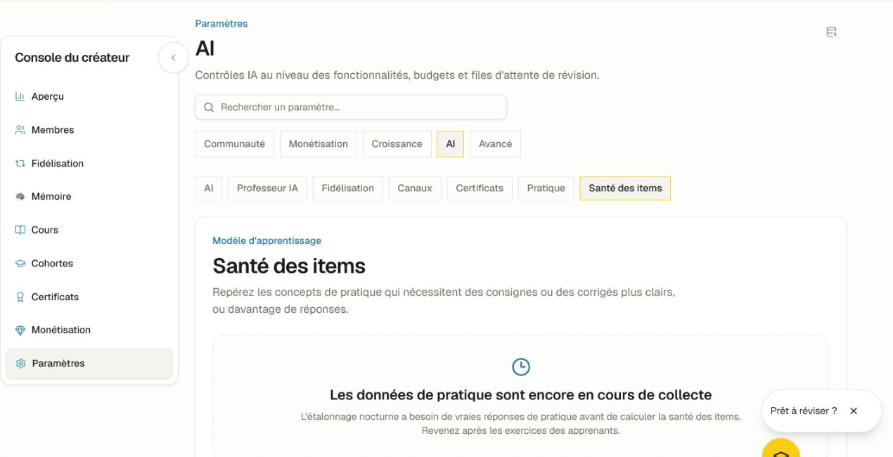 L'état vide de Santé des items expliquant que l'étalonnage nocturne nécessite de vraies réponses d'entraînement.