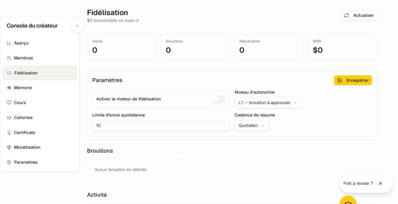 L'espace de rétention avec santé, brouillons, réengagement, MRR, autonomie, plafonds et cadence.