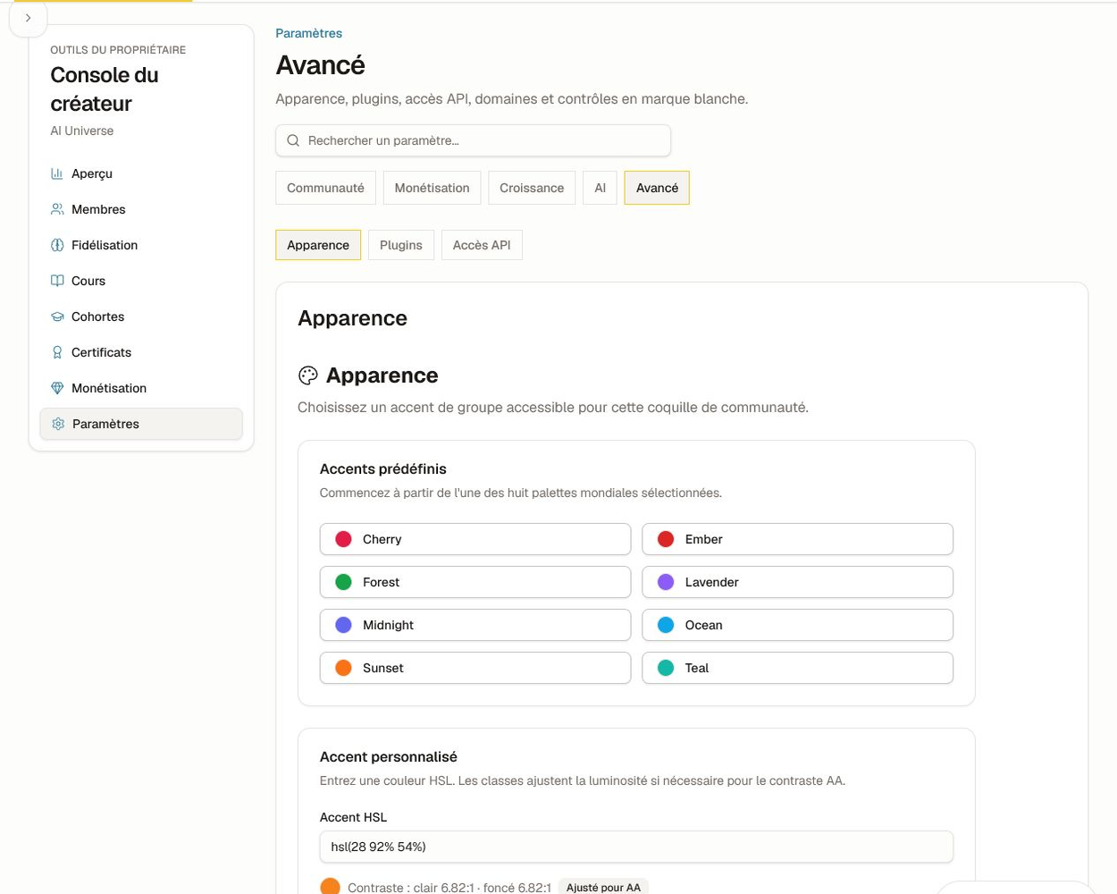 Utilise le résultat de contraste, pas la couleur seule, pour approuver un accent. Paramètres avancés d'apparence avec accents sélectionnés et retour sur le contraste.