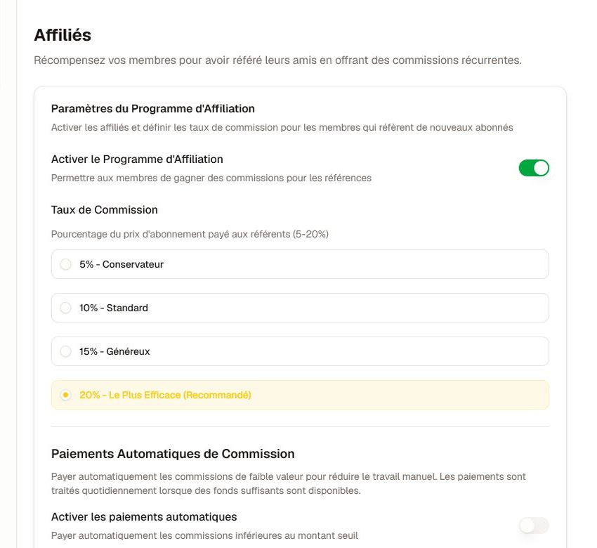 Documente la politique de commission et de paiement avant d'activer les parrainages. Paramètres des affiliés avec activation, options de commission, contrôles de paiement automatique et lien de parrainage.