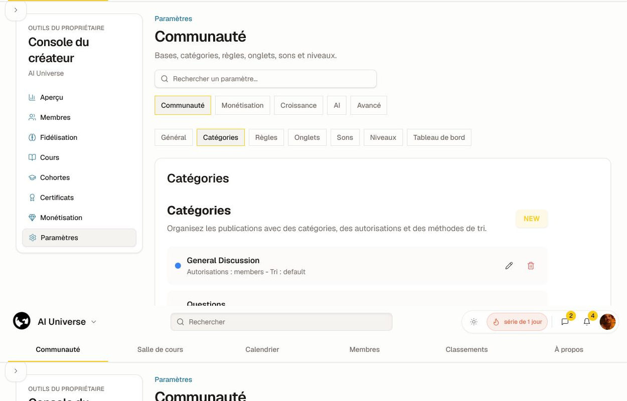 Paramètres d'une catégorie : permissions, méthode de tri, modifier, supprimer et bouton Nouveau.