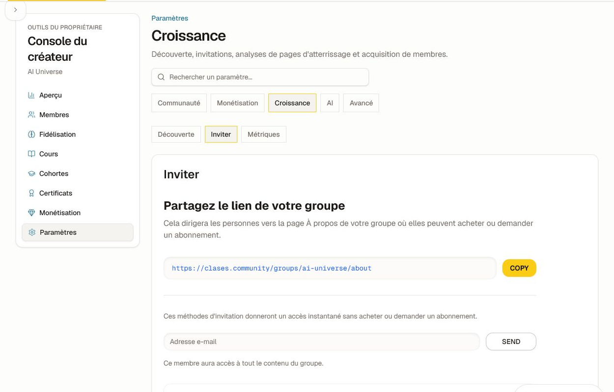 Les paramètres d'invitation avec lien de partage, invitation par e‑mail unique et import CSV.