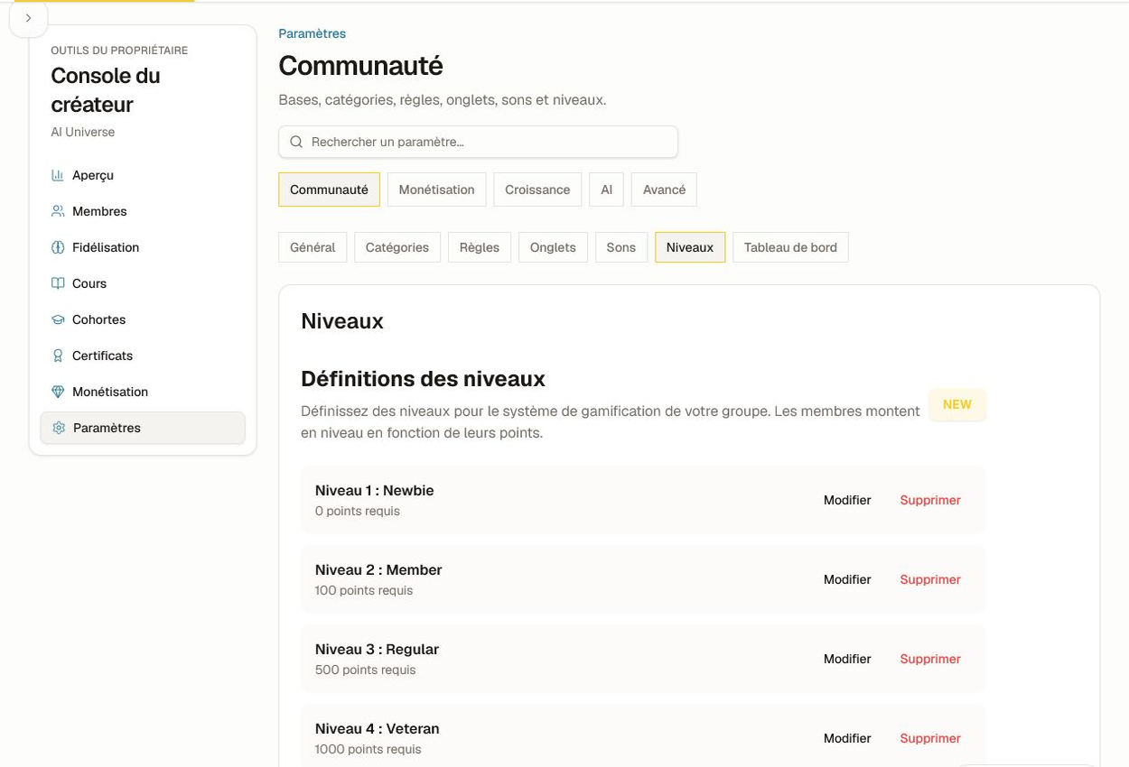 Définitions des niveaux avec noms, seuils de points et contrôles de modification.