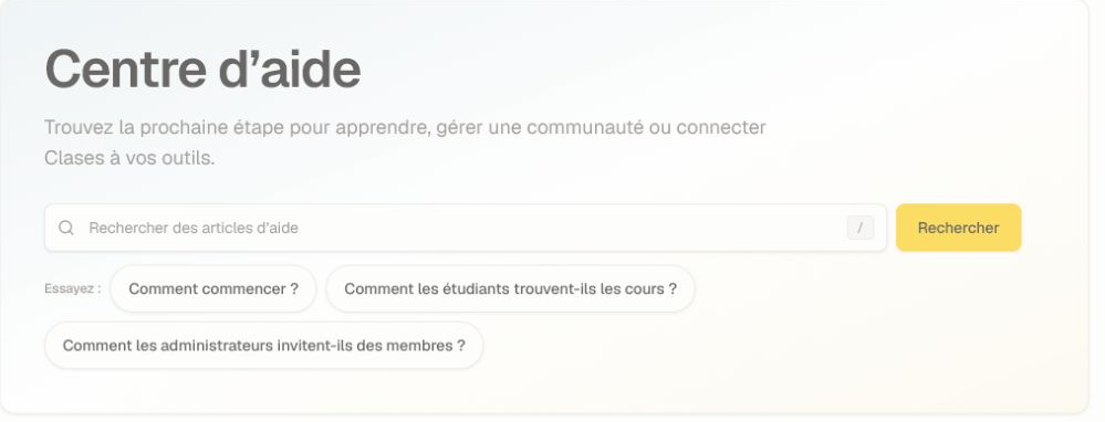 Recherche une tâche ou choisis le guide pour les apprenants ou les administrateurs. Vue actuelle du Centre d’aide avec la recherche et les points de départ selon le rôle.