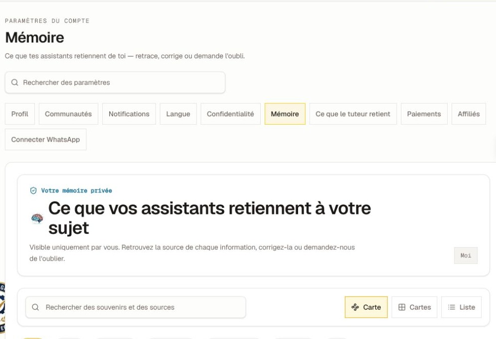 Section Mémoire privée affichée avec la recherche, Carte, Cartes, Liste et filtres de type de mémoire ; rognée avant l'affichage d'un détail de mémoire.