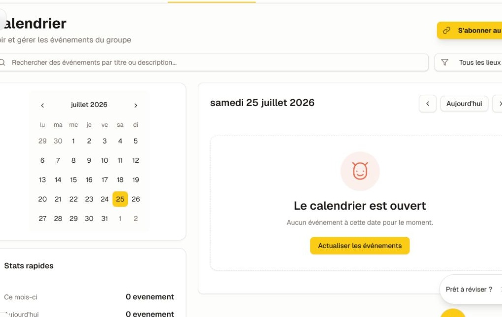 Le calendrier actuel de la communauté avec recherche, filtres de lieu, navigation mensuelle et l’action d’abonnement.
