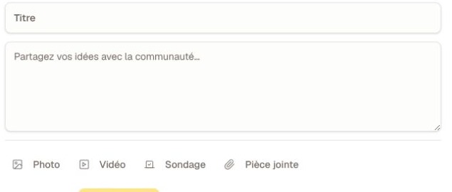 Le composeur de publication actuel recadré sur son titre, son message, ses médias, son sondage, sa pièce jointe et ses contrôles de publication.