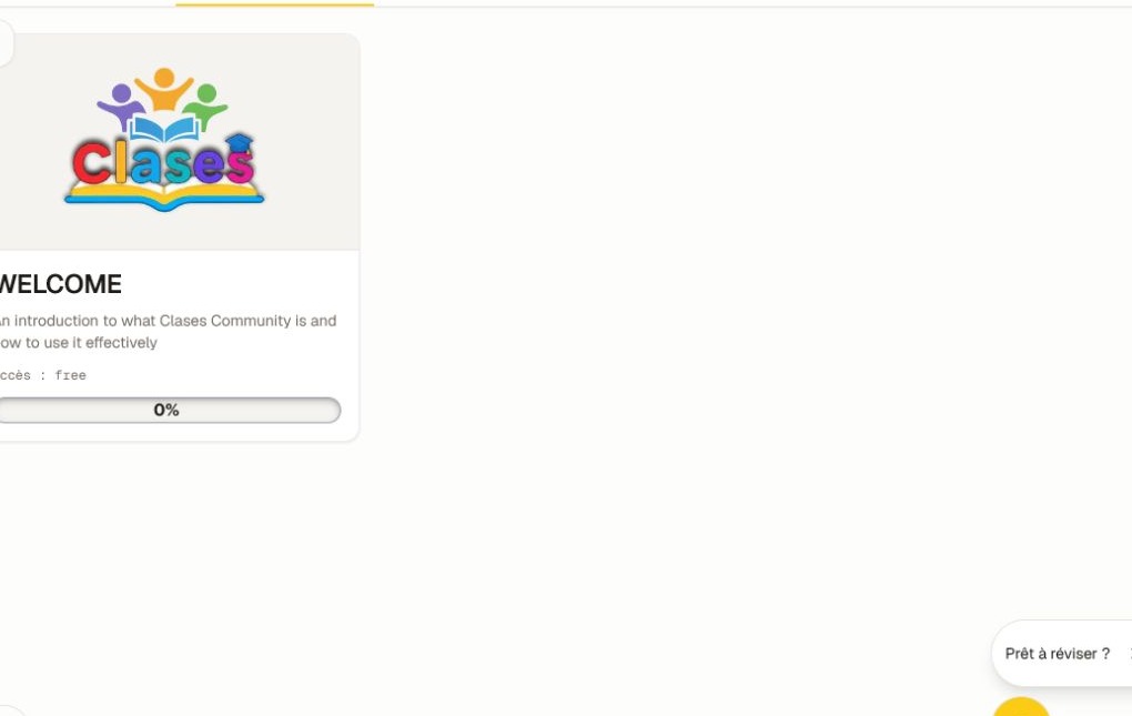 La Salle de classe de la communauté Welcome actuelle, avec le cours disponible pour le membre connecté.