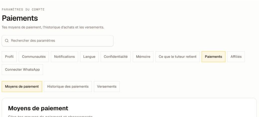 L'en-tête actuel des paramètres Paiements avec les onglets Méthodes de paiement, Historique des paiements et Versements, recadré avant tout détail de carte enregistrée ou de transaction.