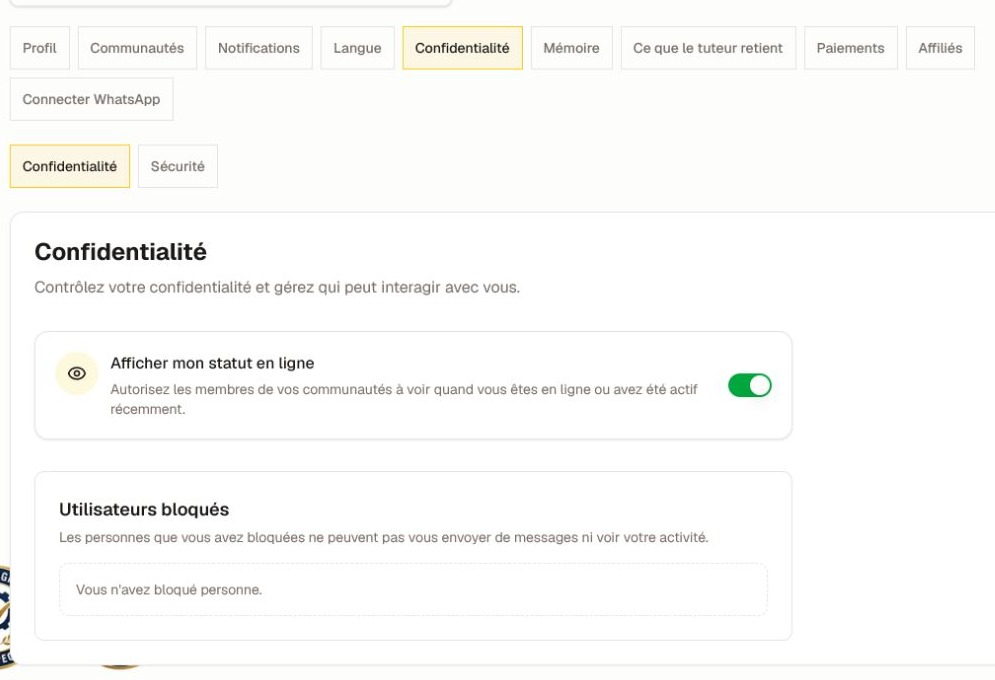 Onglet Confidentialité actuel avec les contrôles du statut en ligne et des utilisateurs bloqués.