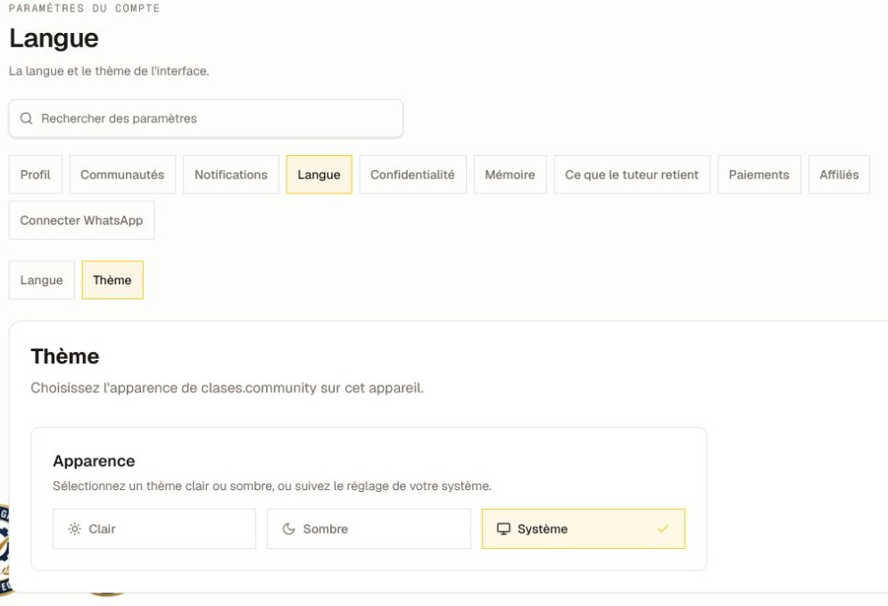 La section Langue actuelle, onglet Thème, avec les options Clair, Sombre et Système.