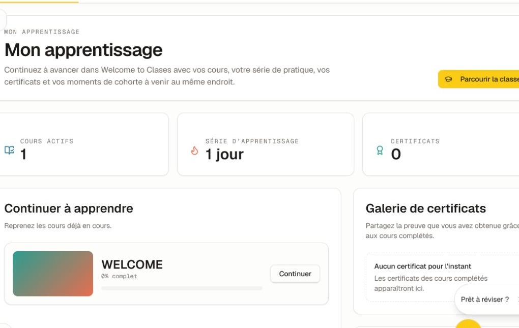 Le tableau de bord Mon apprentissage affichant les cours actifs, la série, le nombre de certificats, la carte «&nbsp;Continuer&nbsp;», la galerie et le travail à venir.