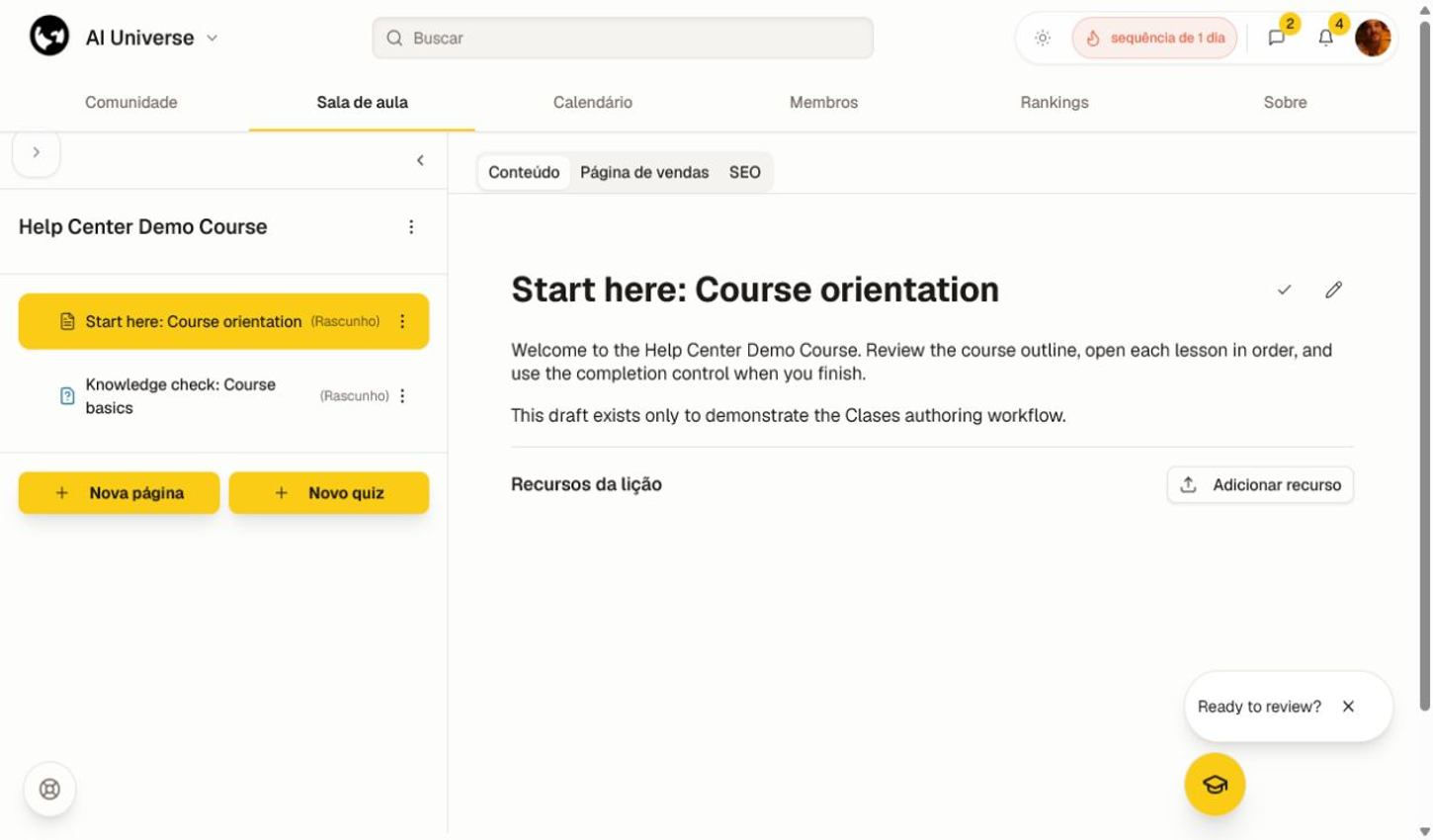 Construa a lição em rascunho e depois adicione apenas os recursos que os alunos precisam. Uma lição em rascunho no editor do curso com conteúdo, recursos, controles Nova página e Novo questionário.