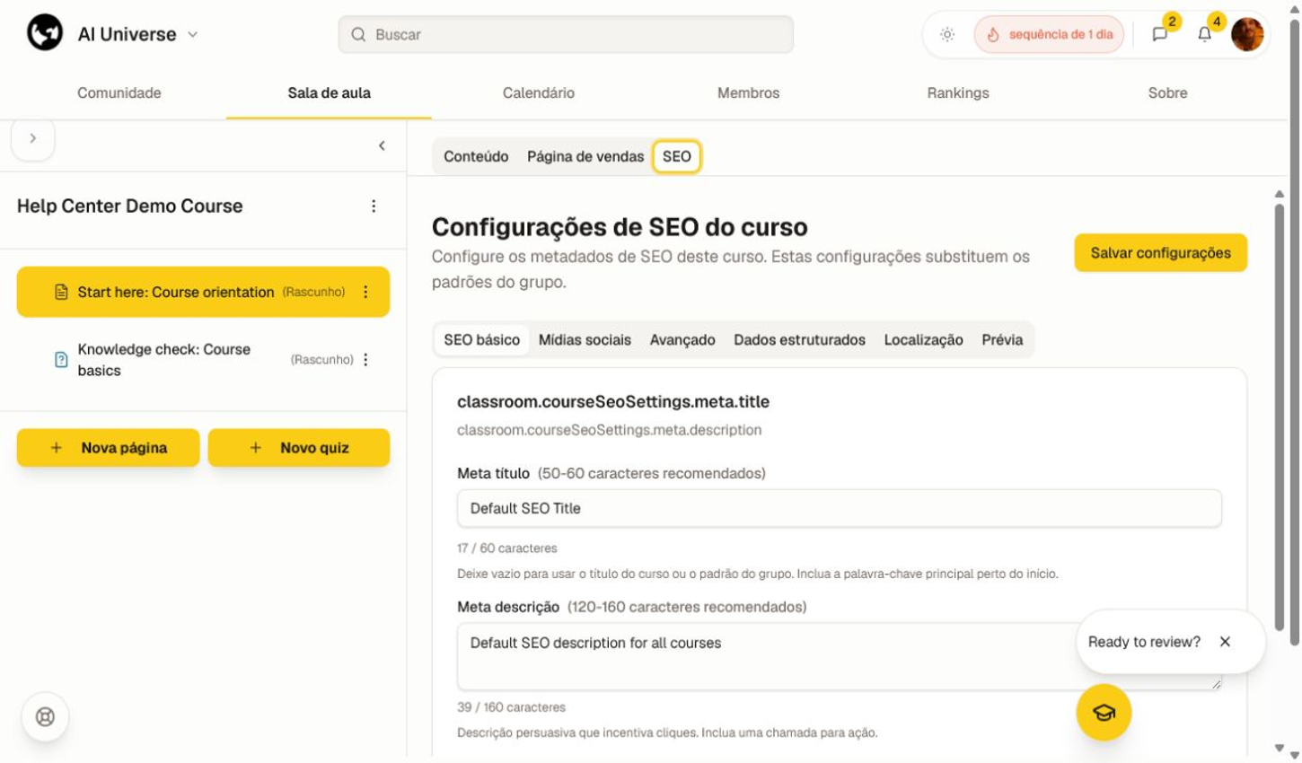 Configurações de SEO do curso com abas de título, descrição, palavra-chave e pré-visualização.