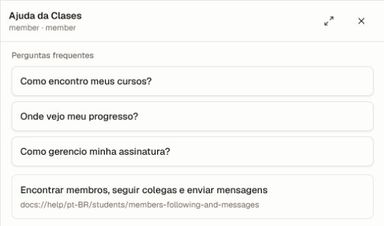 O painel de Ajuda no produto em uma visualização de membro separada, com perguntas populares localizadas e um resultado contextual da documentação.