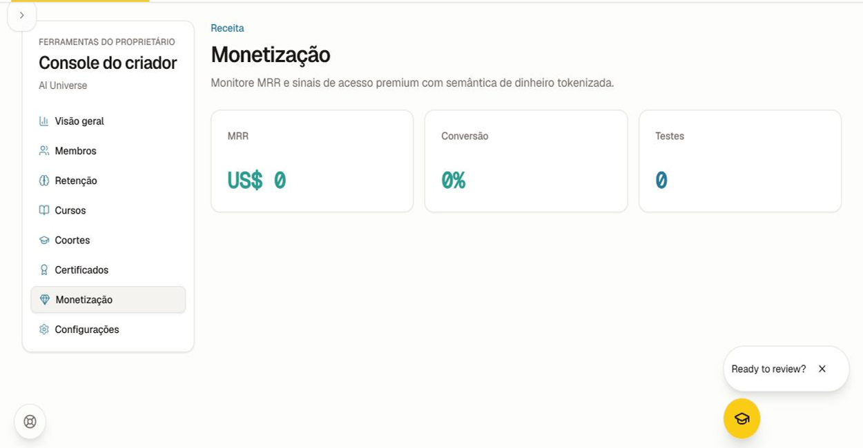 Use a visão geral para monitoramento e Configurações para configuração. Visão geral da monetização do criador com receita recorrente, conversão e sinais de avaliação.