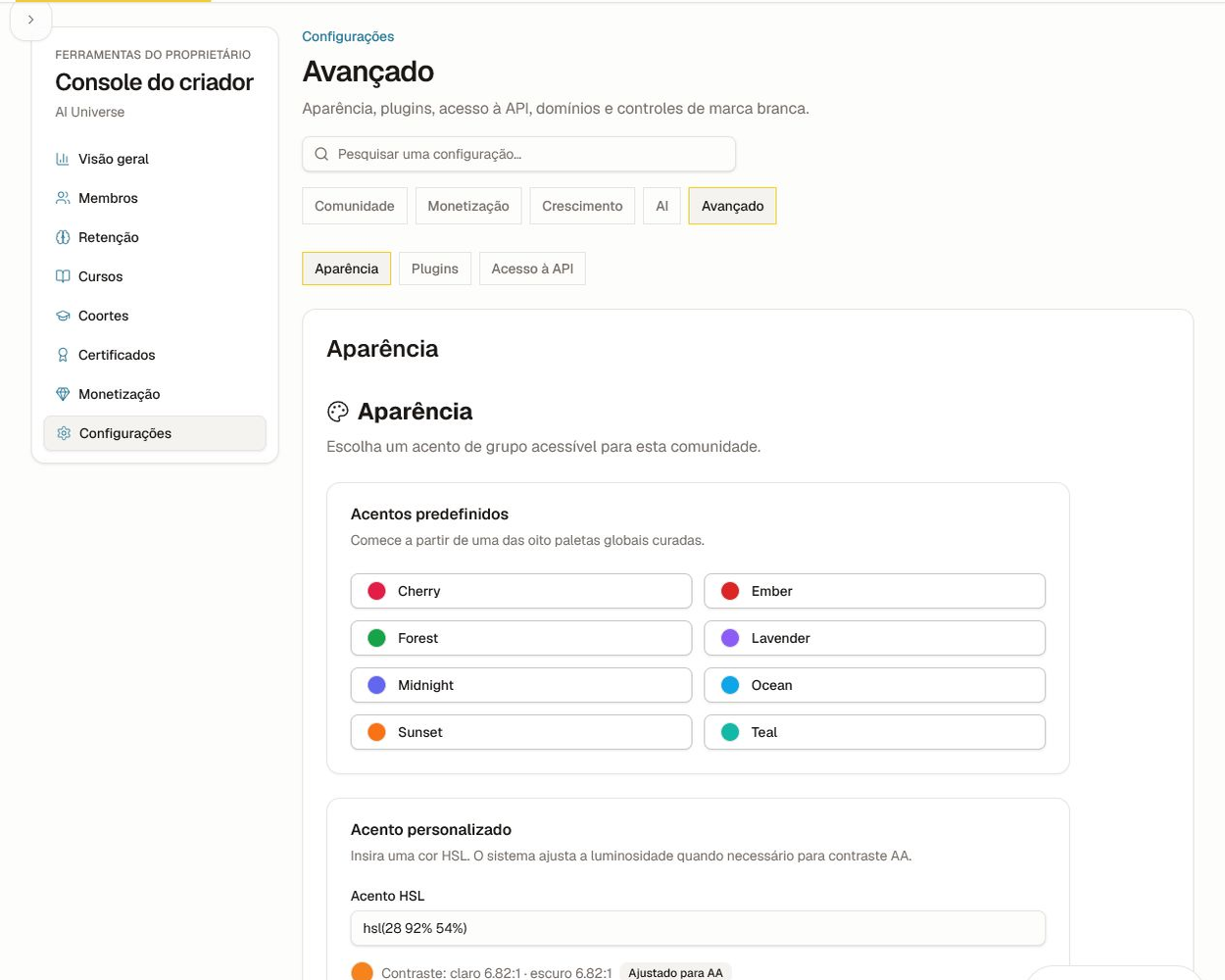 Use o resultado do contraste, não apenas a cor, para aprovar um acento. Configurações avançadas de aparência com acentos curados e feedback de contraste.