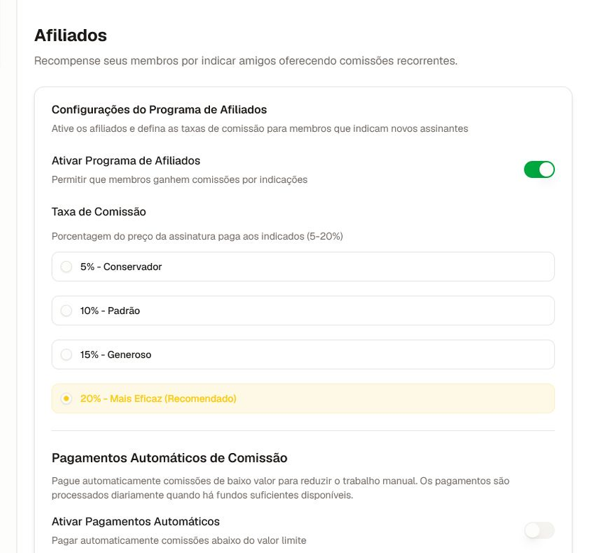 Configurações focadas de Afiliados com ativação do programa, opções de comissão e controles de pagamentos automáticos.