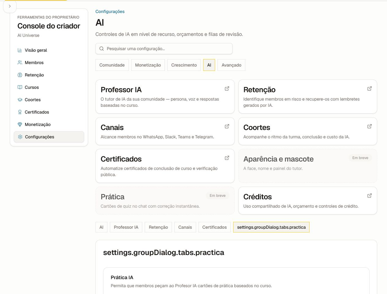 Configurações de prática com o interruptor de ativação no nível do grupo e explicação sobre fundamentação no curso.