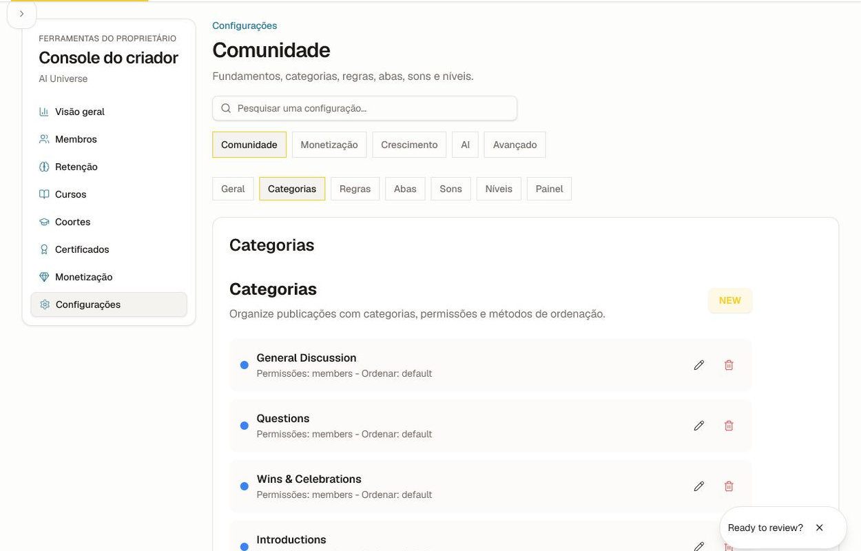 Use um conjunto pequeno de categorias claras que os membros consigam distinguir. Configurações de categoria com permissões, método de ordenação, editar, excluir e controles de Novo.