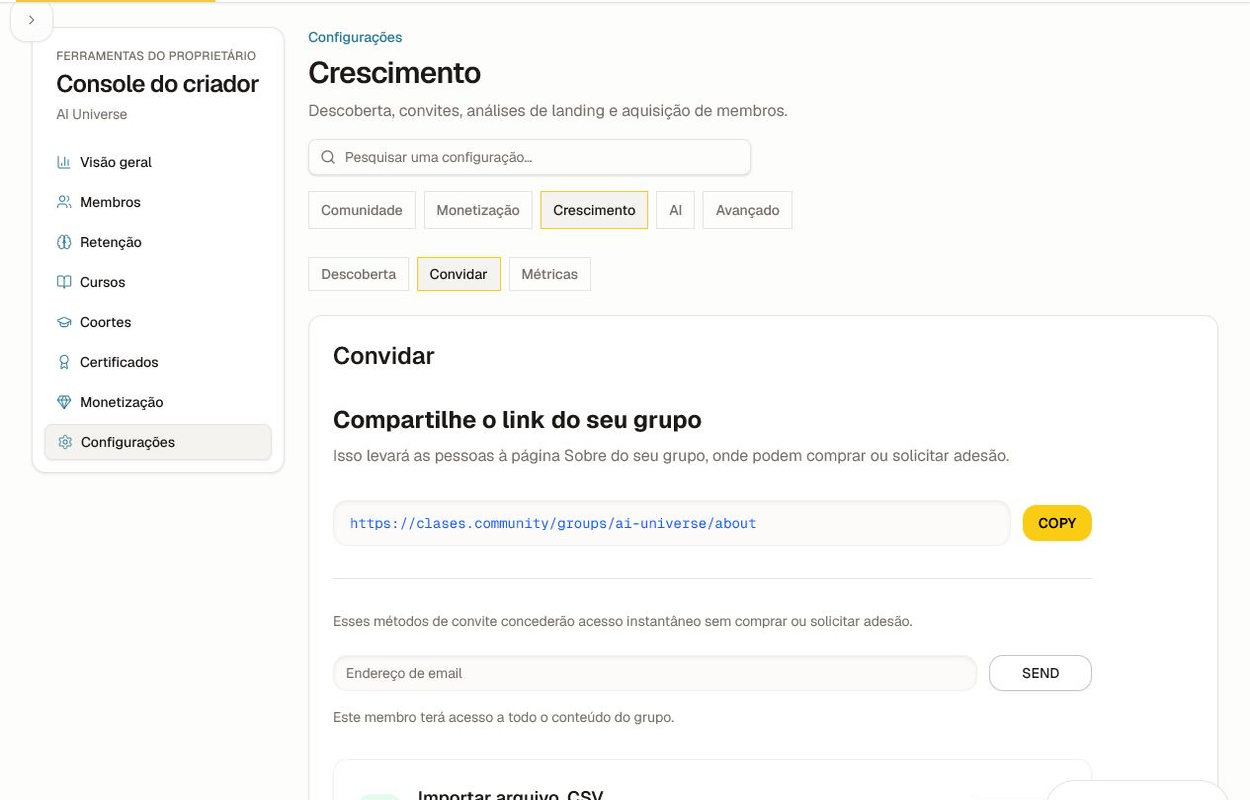 As configurações de convite com link para compartilhar, convite por e-mail único e importação de CSV.