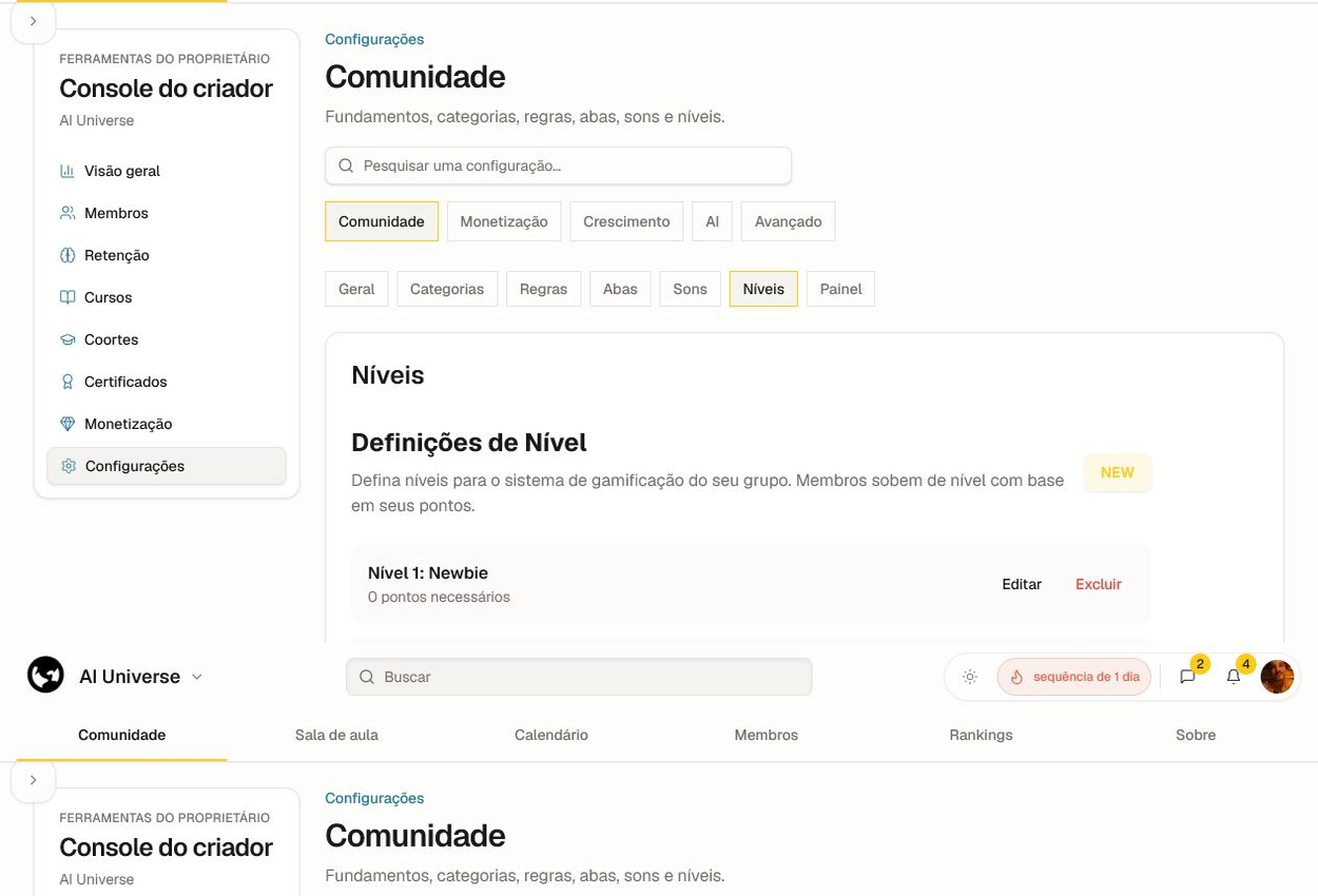 Mantenha os limiares de pontos crescentes e reveja seu efeito sobre membros existentes. Definições de nível com nomes, limiares de pontos e controles de edição.