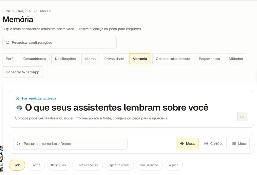 A seção privada Memória atual com pesquisa, Mapa, Cartões, Lista e filtros por tipo de memória, recortada antes de qualquer detalhe de memória.