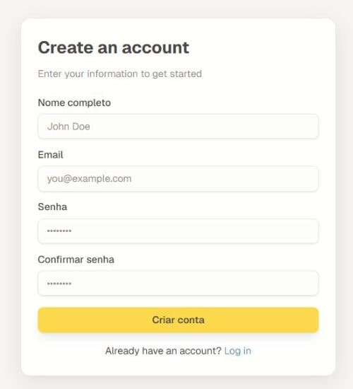 O formulário atual de criação de conta com campos de nome, email, senha, confirmação e o botão Criar Conta.