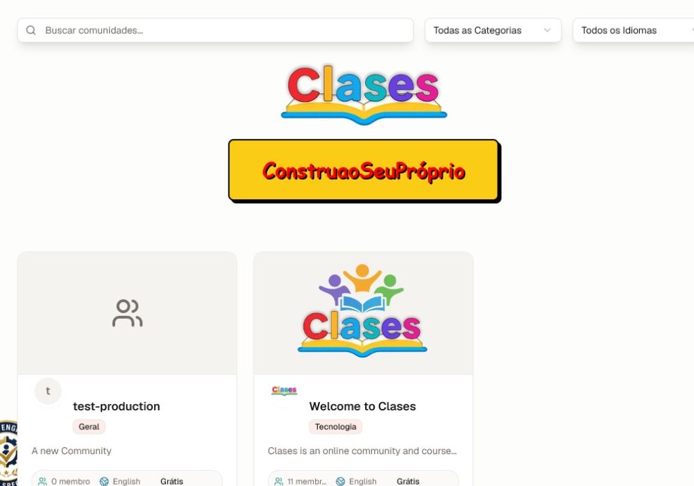 A página atual de descoberta de comunidades com busca e filtros de categoria e idioma.
