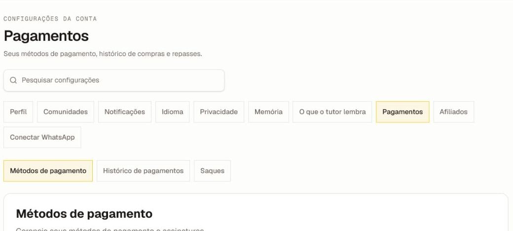 Cabeçalho atual das configurações de Pagamentos com abas Métodos de pagamento, Histórico de pagamentos e Saques, cortado antes de quaisquer detalhes de cartão armazenado ou transação.