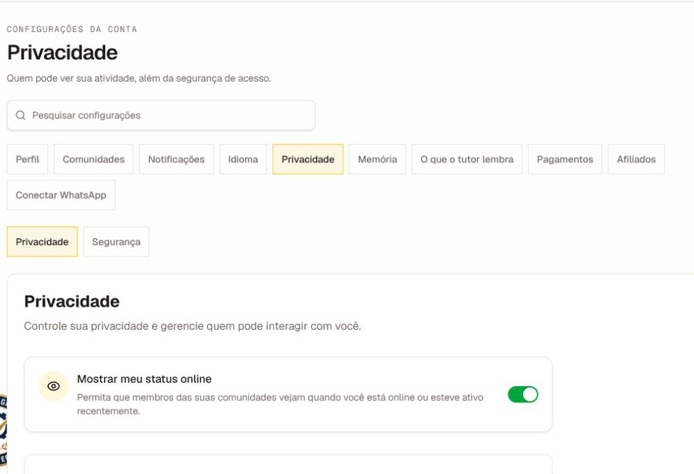 A aba Privacidade atual com controles de status online e de usuários bloqueados.