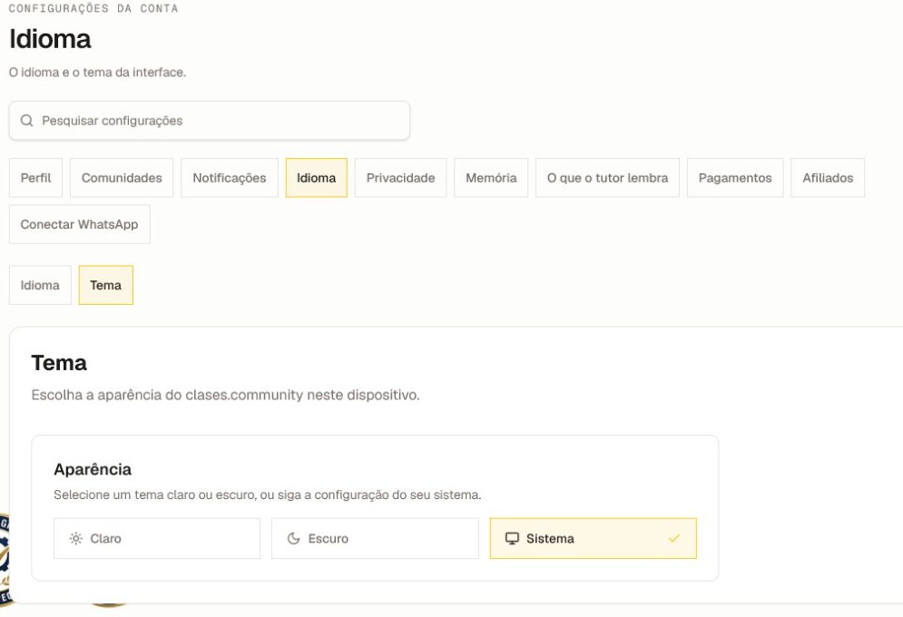 A seção Idioma atual com a aba Tema e as opções Claro, Escuro e Sistema.