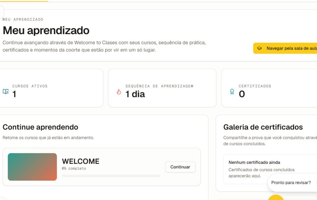 O painel Meu Aprendizado atual com cursos ativos, sequência, contagem de certificados, cartão "Continuar aprendendo", galeria e próximas atividades.