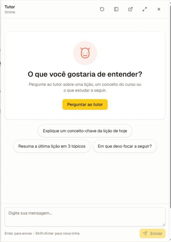 O tutor da lição atual com controles de layout, perguntas sugeridas, caixa de mensagem e ação de envio.