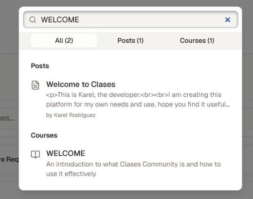 The current community Search overlay with All, Posts, and Courses results for a three-character-or-longer query.