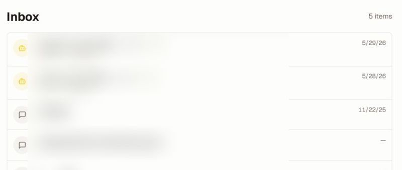 The current community Inbox with its conversation list structure; conversation titles and previews are deliberately blurred for privacy.