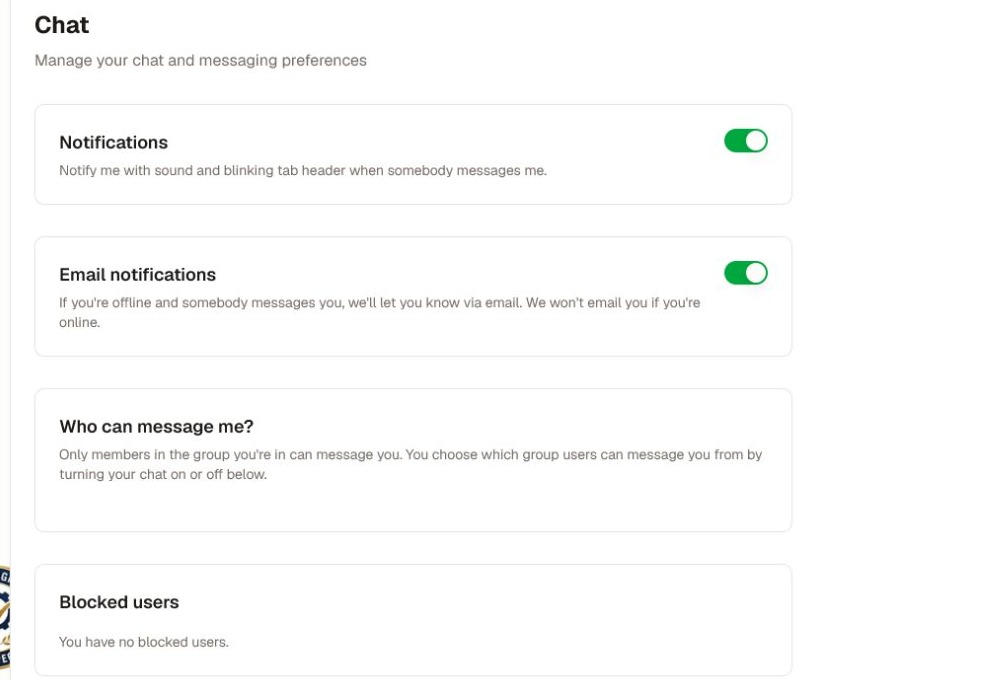 The current Notifications section on its Chat tab, showing message alerts, offline email, messaging access, and blocked users.