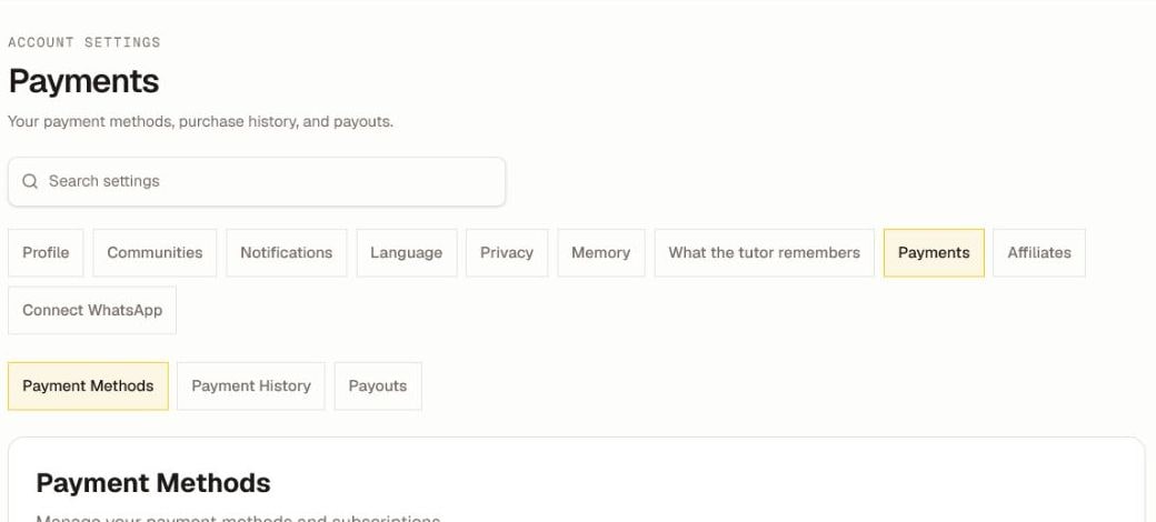The current Payments settings header with Payment Methods, Payment History, and Payouts tabs, cropped before any stored-card or transaction detail.